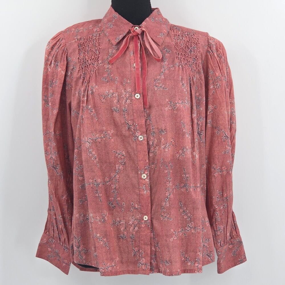 Ros Garden Gin Baltistan Button Up Down Shirt Blouse Womens Size Small Bow Tie